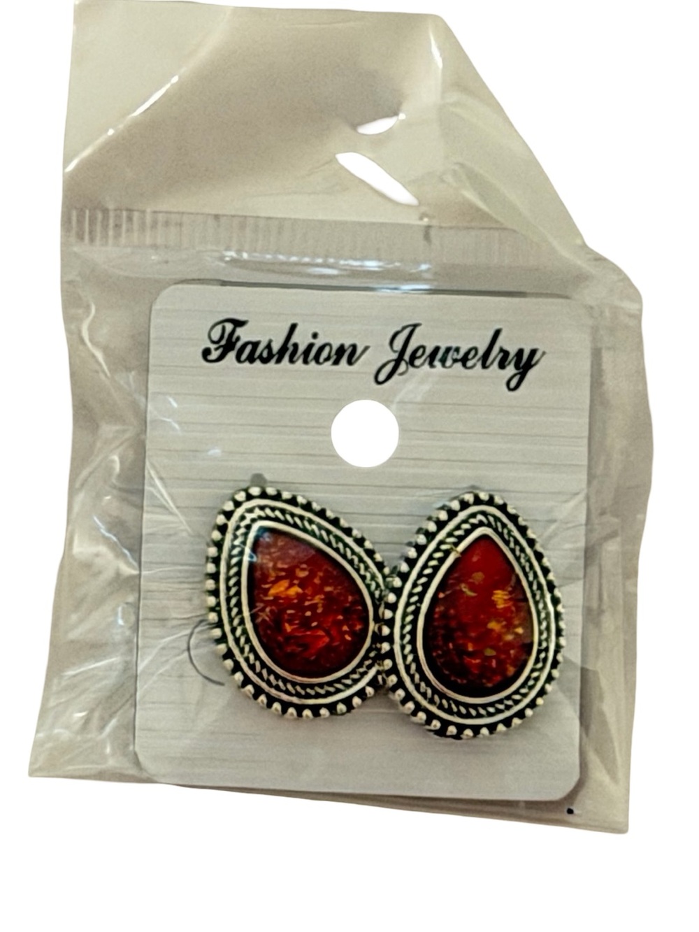 Fashion Jewelry Red Resin Teardrop Earrings Silver Tone Vintage Style